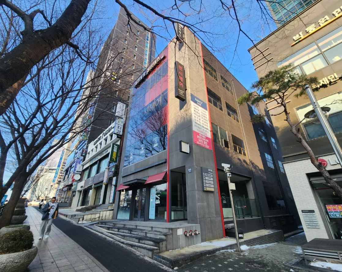 도곡동 957-13 전경 – 양재역 방향 보도에서 본 대상 건물과 주변 고층 빌딩