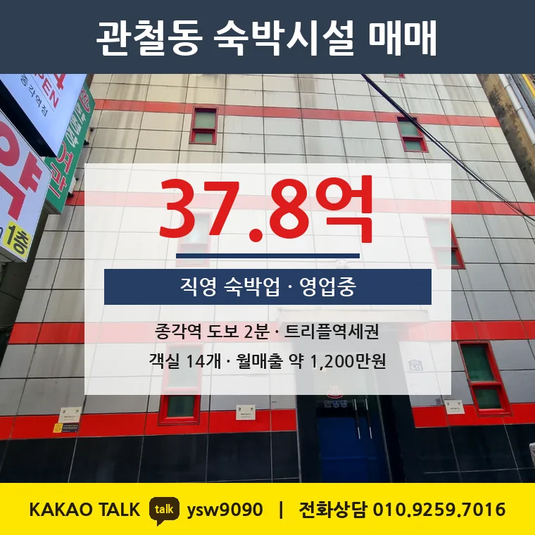관철동 숙박시설 매매 37.8억 – 종각역 도보 2분 트리플역세권, 토지 평당 1억 5,054만원