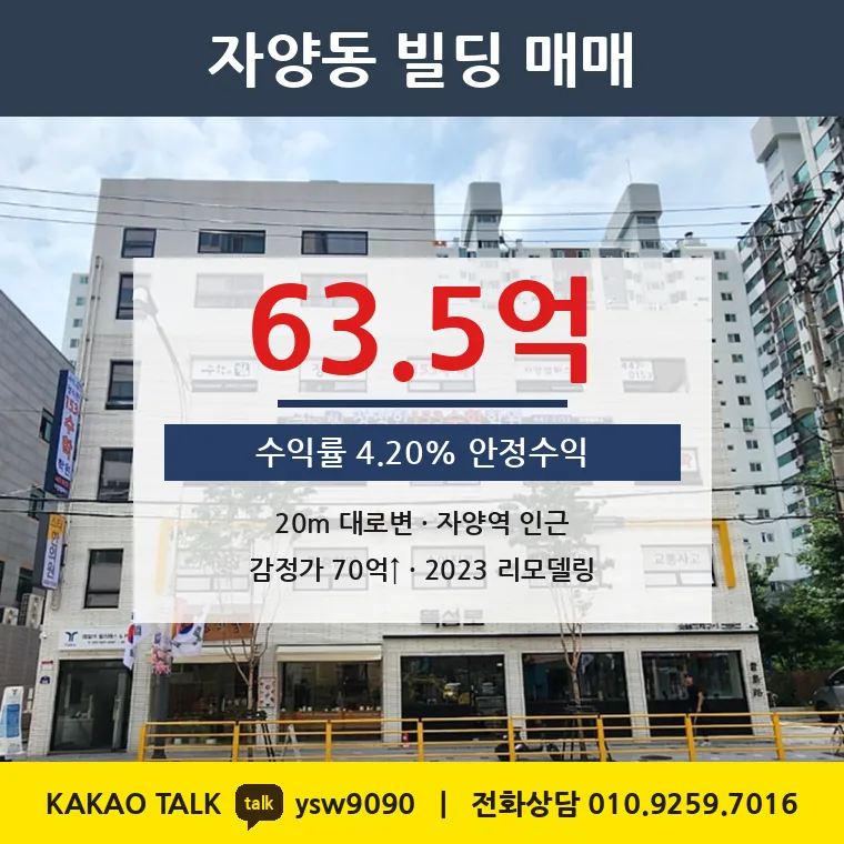 자양동 수익형 빌딩 매매 63.5억 – 뚝섬로 20m 대로변 만실 4.20%, 토지 평당 5,317만원