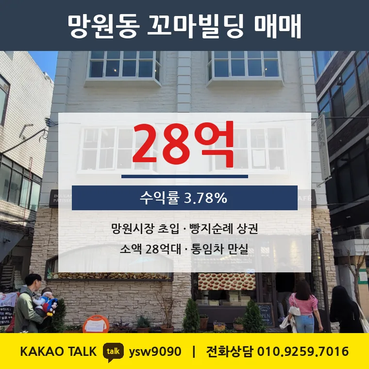 망원동 꼬마빌딩 매매 28억 – 망원시장 앞 베이커리 통임대, 토지 평당 6,621만원
