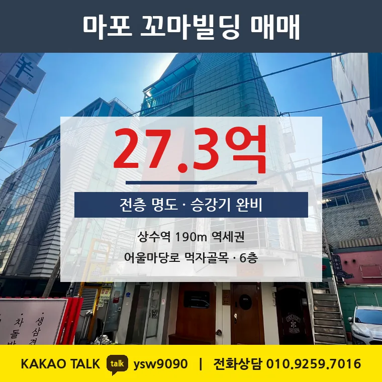 상수동 꼬마빌딩 매매 27.3억 – 상수역 190m 승강기 6층, 토지 평당 5,602만원