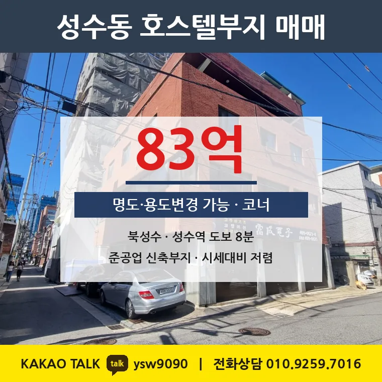 성수동2가 호스텔부지 매매 83억 – 2호선 성수역 코너, 토지 평당 1억 1,482만원