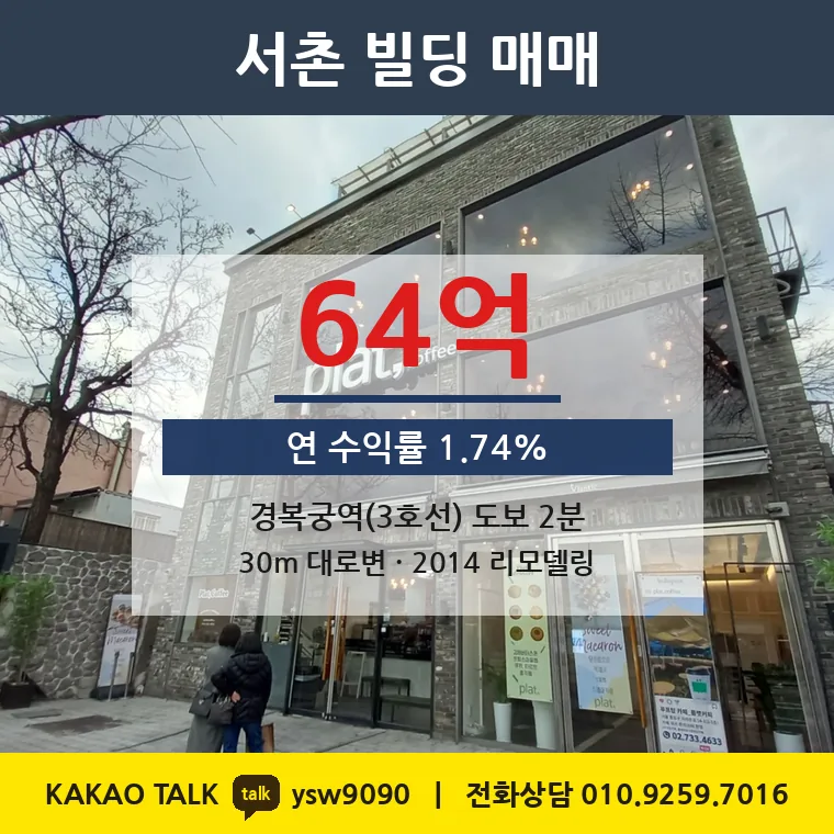 통의동 서촌 빌딩 매매 64억 – 경복궁역 도보 2분 30m 대로변, 토지 평당 1억 4,891만원