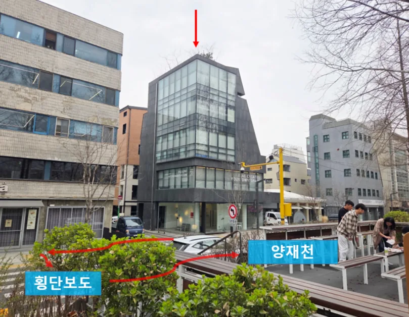 양재동 96-9 건물과 양재천 위치 관계 – 횡단보도 하나를 건너면 양재천에 닿는 동선